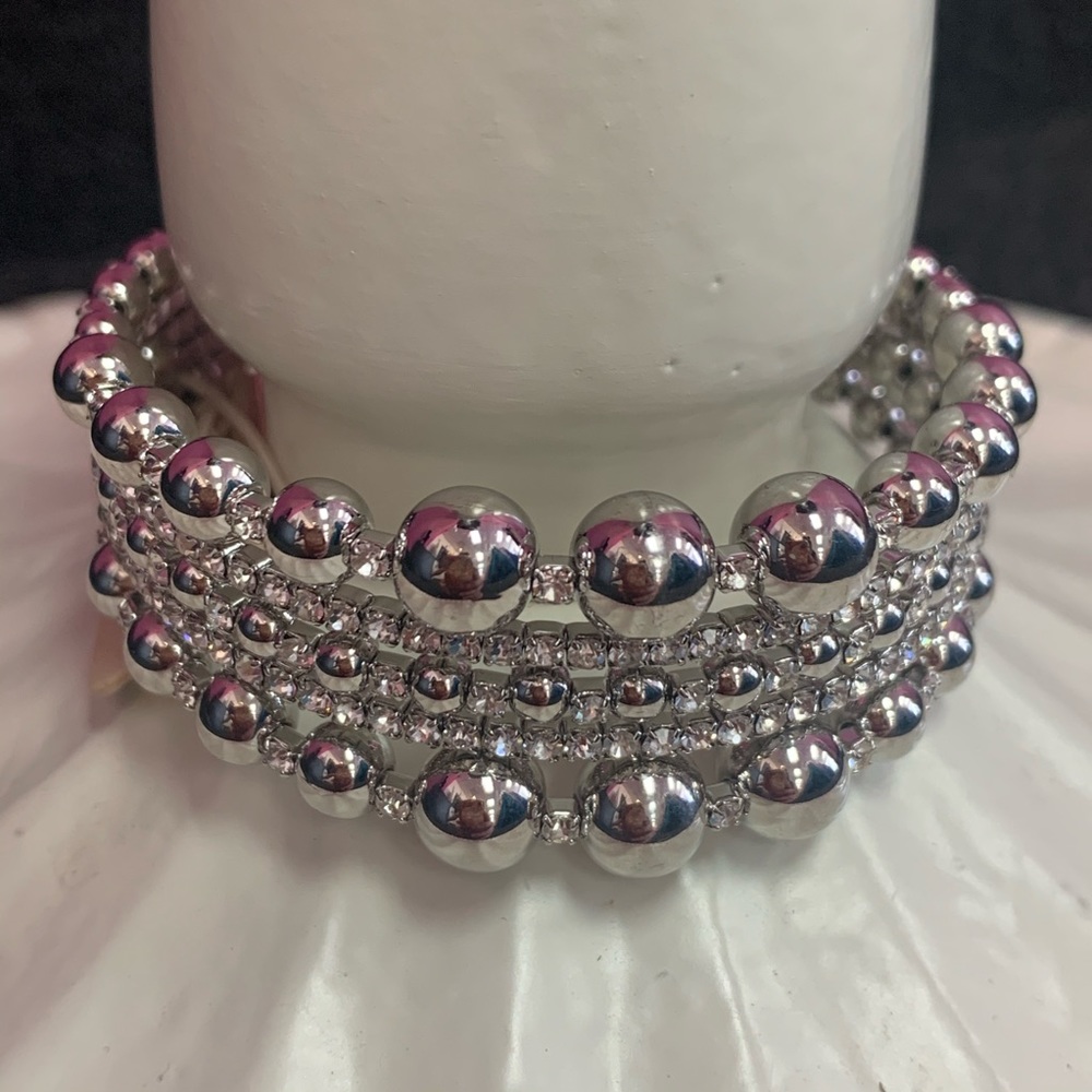 Silver Rhinestone Multi Row Cuff Bracelet - Picture 2 of 3